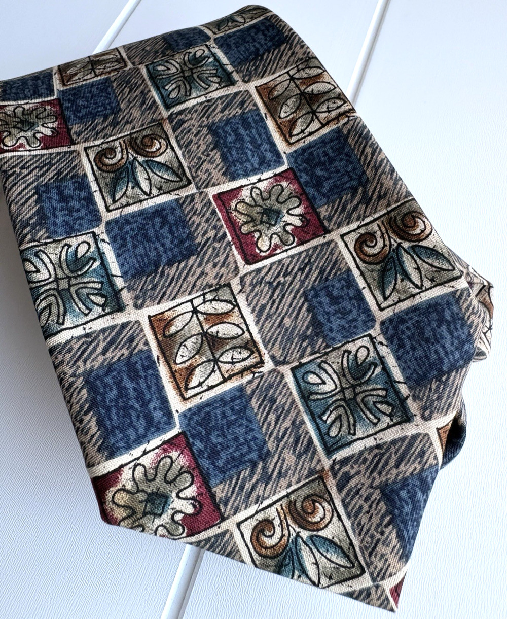 Robert Stock Silk Tie Abstract Floral Geometric Blue Beige Burgundy 4" W 56" L